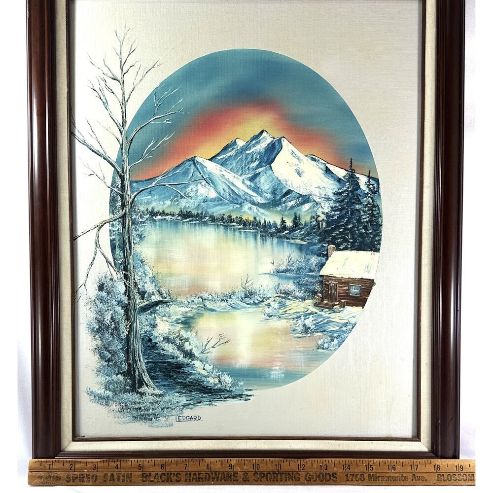 Oil Painting Winter At Dawn Cabin On Pond Signed Margaret Peggy Ledgard 1988 - Picture 7 of 10